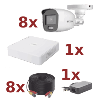 Kit TurboHD / DVR 8 Canales 1080p Acusense Lite / 8 Cámaras bala 1080p / 8 cables de 18 metros / 1 fuente para las 8 cámaras