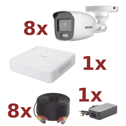 Kit TurboHD / DVR 8 Canales 1080p Acusense Lite / 8 Cámaras bala 1080p / 8 cables de 18 metros / 1 fuente para las 8 cámaras