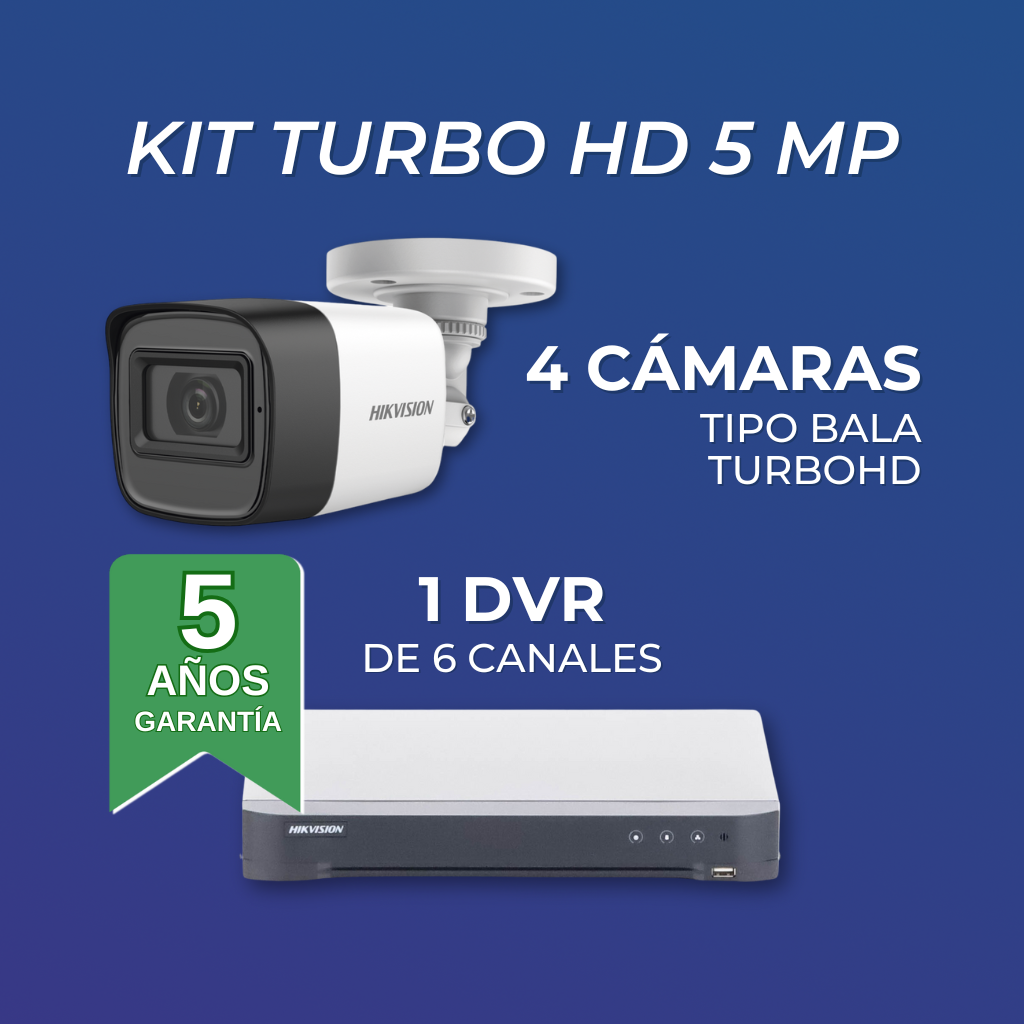 Kit TURBOHD 5MP (CON INSTALACIÓN) | 4 Cámaras Bala con Micrófono Integrado | 1 DVR 4 Canales | 1 Fuente de Poder | Accesorios de Instalación