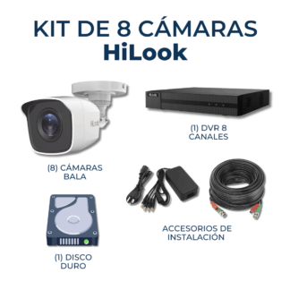 Kit 8 Cámaras (CON INSTALACIÓN) | 8 Cámaras Bala 1080p | 1 DVR 10 de Canales 1080p | 1 Disco Duro de 1 TB | 8 Cables de 20 Mts | 2 Fuentes de 4 Canales